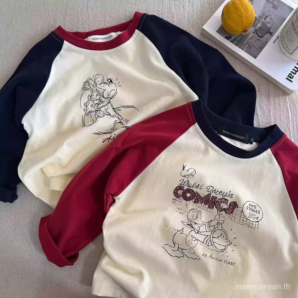 เสื้อยืดแขนยาวเด็กชายผ้าฝ้ายแท้เสื้อสีตัดกันลายการ์ตูนสำหรับฤดูใบไม้ผลิและฤดูใบไม้ร่วง2024เด็กหญิงเสื้อตัวในสำหรับเด็กเล็กและเด็กเล็ก