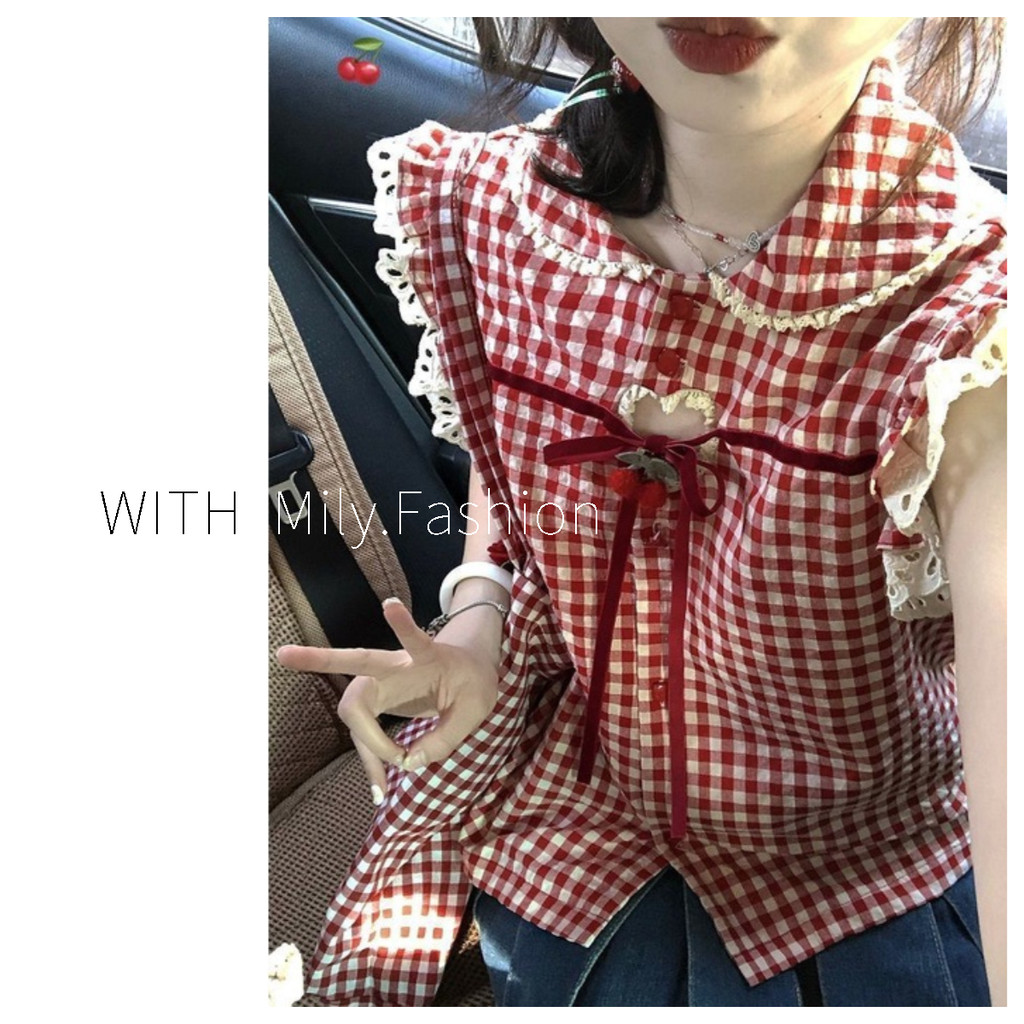 Milyfashion เสื้อท็อปแขนระบาย แต่งลูกไม้ ลายสก๊อต ขนาดเล็ก แฟชั่นฤดูร้อน 2023