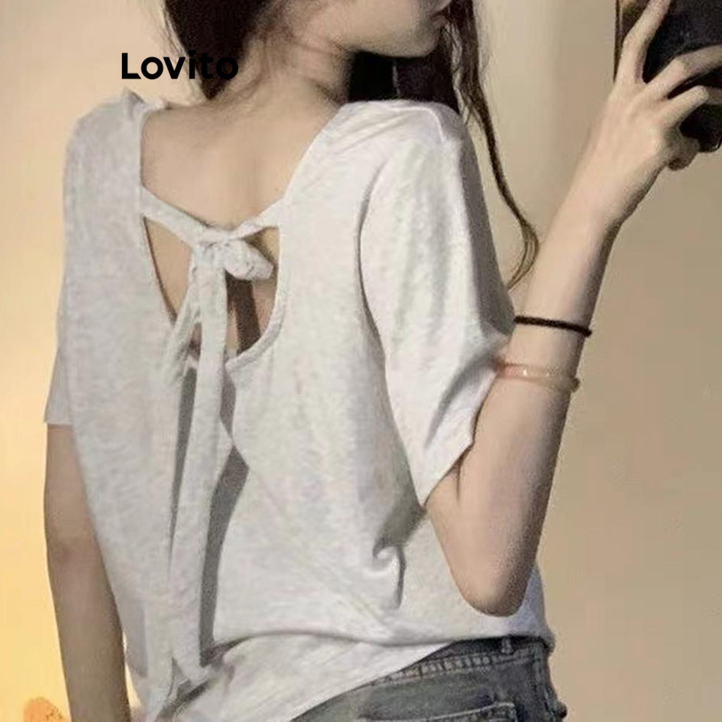 Lovito เสื้อยืดผู้หญิง แต่งโบว์ด้านหลัง สีพื้น หรูหรา LNE65123