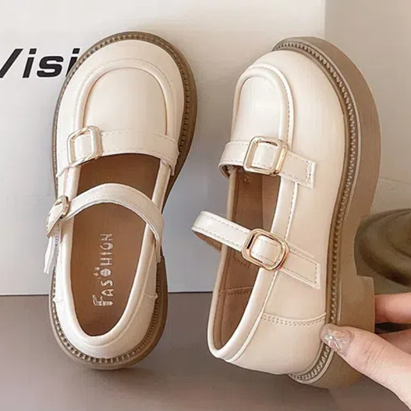 Simple สไตล์อังกฤษเด็กผู้หญิงหนังรองเท้าแบนสีทึบ All-match Anti-slippery Soft Sole รองเท้าเด็ก 2-18 ปี
