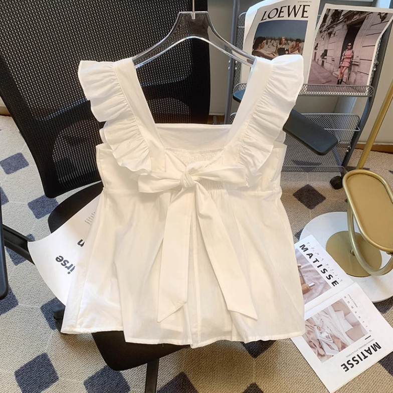 French Style Short Design Blouse Niche Bow Summer Chic White Shirt Women's Unique Flying Sleeves Square Collar