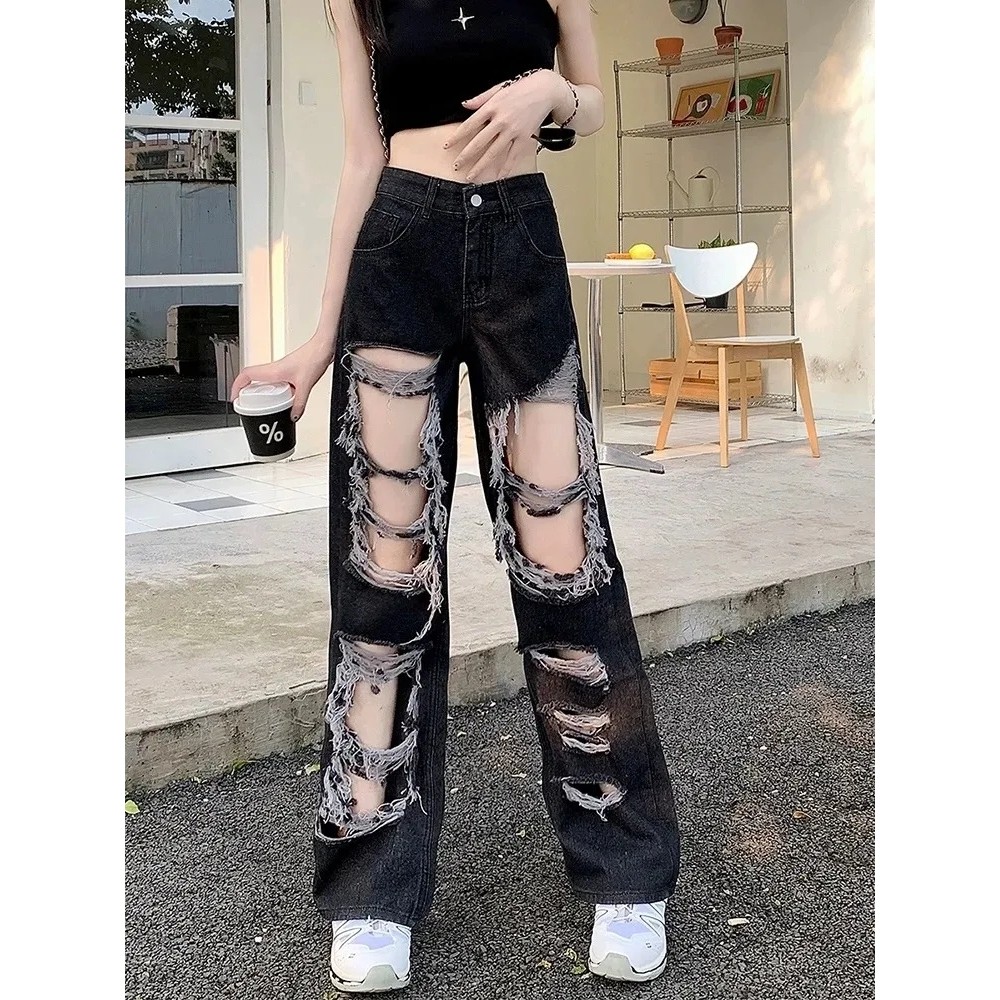 Jeans High Street Straight Women's Ripped Summer Wide Leg Tassel Design Sense American High Waist Loose-Fitting Mopping Pants Slimming