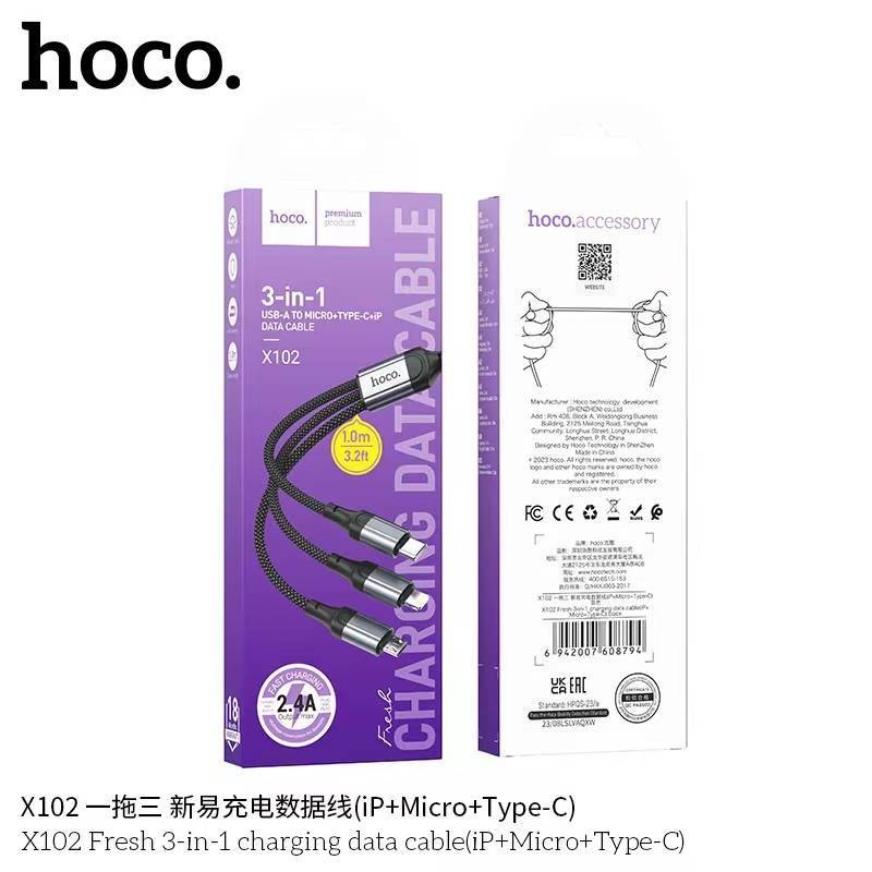 HOCO X102 สายชาร์จ 3 หัว 3in1 Micro + Type-C + iOS จ่ายไฟ 2.4a / iOS 2.4A / สายชาร์จเร็ว PD 27W  ยาว 1 เมตร สายชาร์จ hc1 ราคา ถูกที่สุด ดีลบีเคเค แกลเลอรีภาพที่ 8