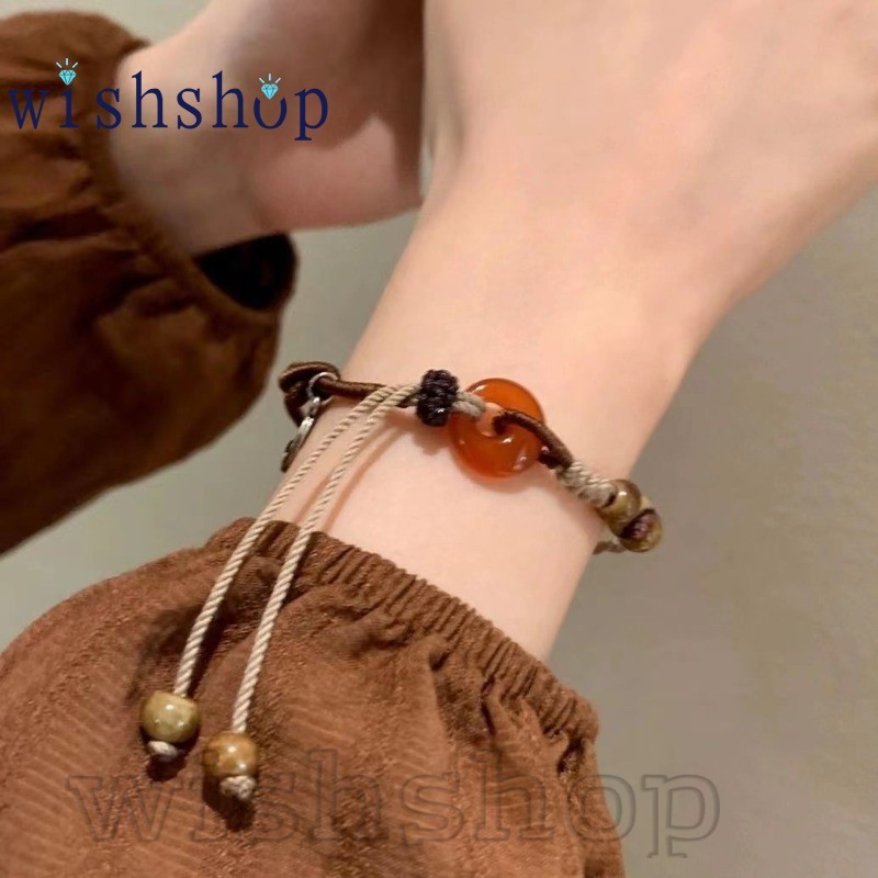 สร้อยข้อมือหัวเข็มขัดสันติภาพกาแฟ-สไตล์จีน,วินเทจ-โซ่มือที่มีเชือกปรับได้-ของขวัญเครื่องประดับ-สีน้ําตาลรอบทอ เชือก