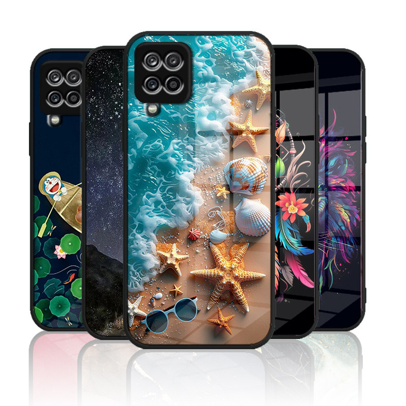 เคสกระจก Samsung galaxy A12 A22 4g A42 5G เคสกระจกนิรภัยฮาร์ดฝาหลังขอบซิลิคอนอ่อน