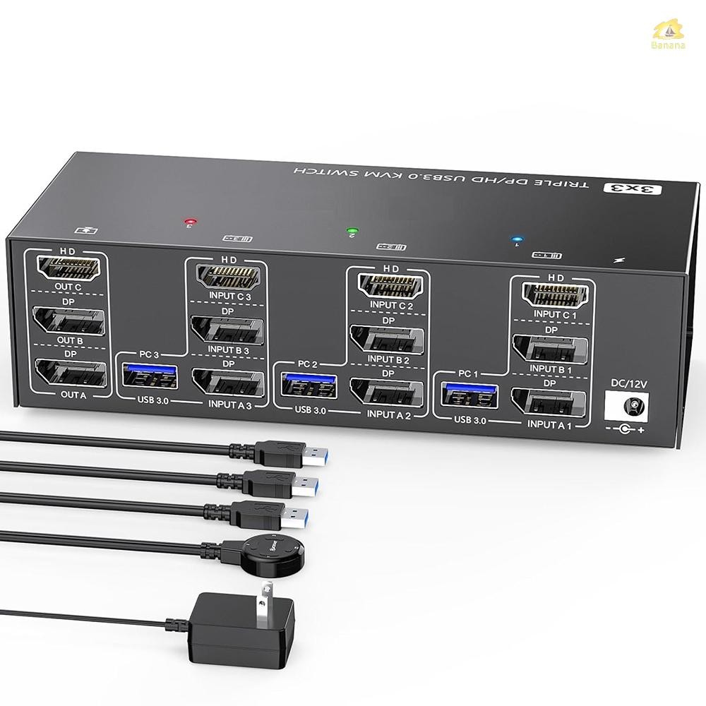 Kceve KVM303DH Switcher HDMI-Compatible KVM 3 in 3 out 8K@60Hz, 4K@144Hz Triple Monitor USB 3.0 HDMI