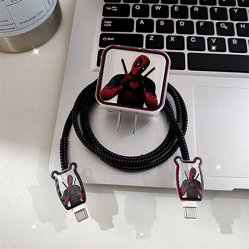 สําหรับ 18W/20W Original iPhone Fast Charger Protector ชุด,น่ารักการ์ตูน Marvel รูปแบบซิลิโคนชาร์จหัว + ข้อมูลสายห่อ