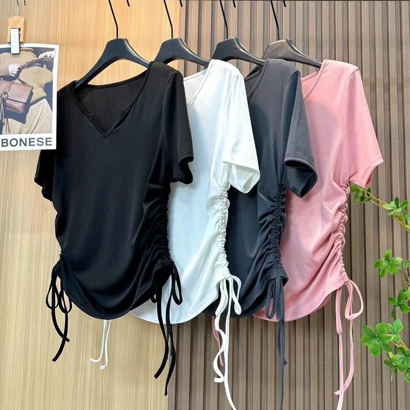 เสื้อยืด Oversize(40-150kg) Plus Size Korean Short Sleeve Tops V Neck Drawstring Plain Thin T Shirt
