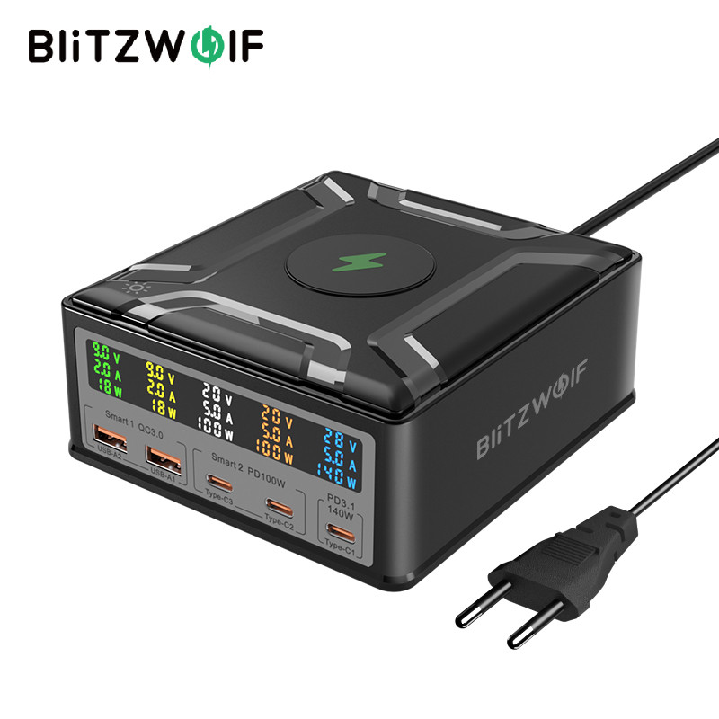 Blitzwolf® Bw-s28 260W 5-Port USB PD จอแสดงผลดิจิตอล 140W PD3.1 PPS Fast Charger 2USB-A + 3USB-C พร้อม 15W Wireless Charger เดสก์ท็อปสถานีชาร์จ EU Plug