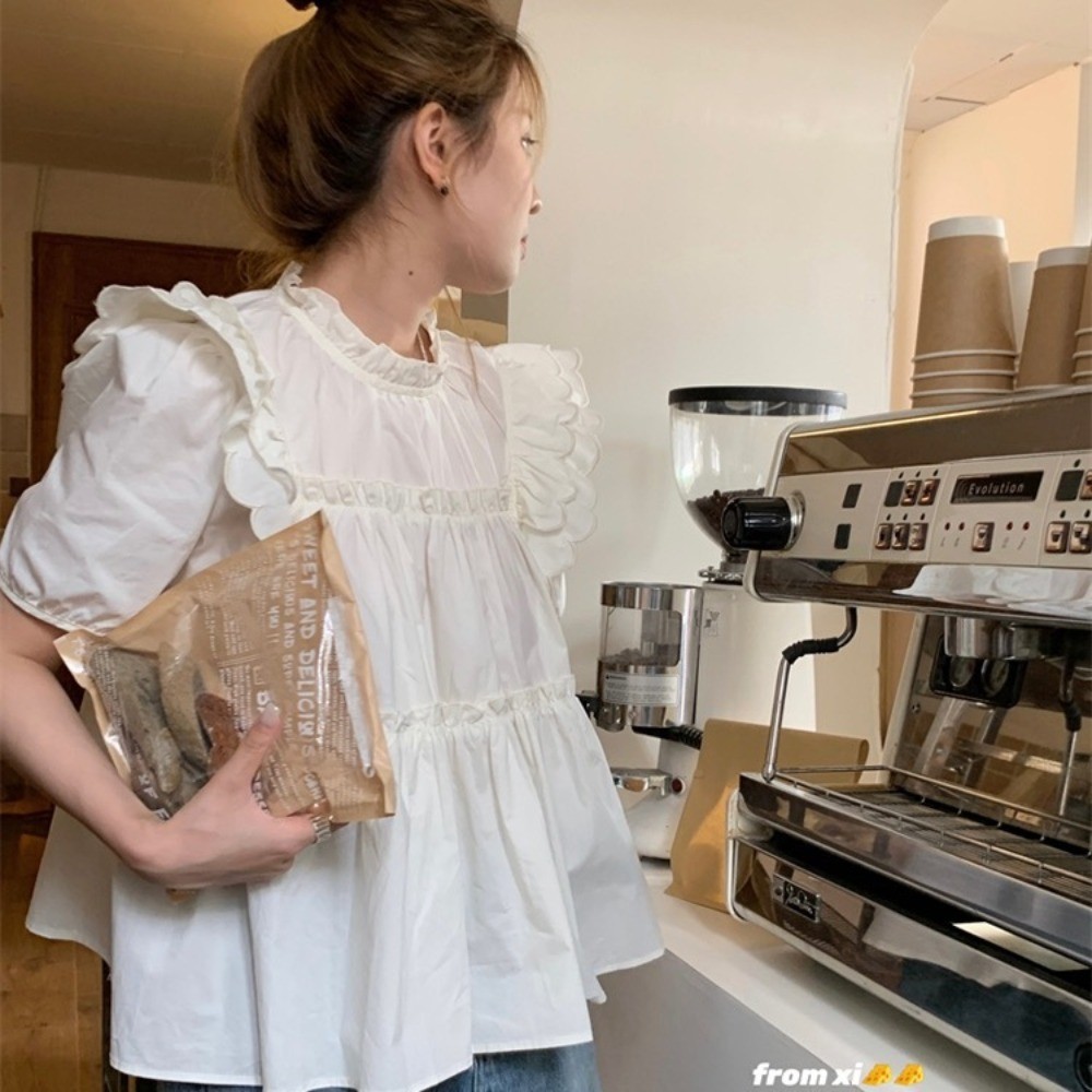 ฤดูร้อนคนตัวเล็กเชื้อราปักแขนสั้นอารมณ์ฝรั่งเศสด้านบนหลวมที่เรียบง่ายอเนกประสงค์ออกแบบซอกเฉพาะเสื้อผู้หญิงเสื้อผ้าผู้หญิง