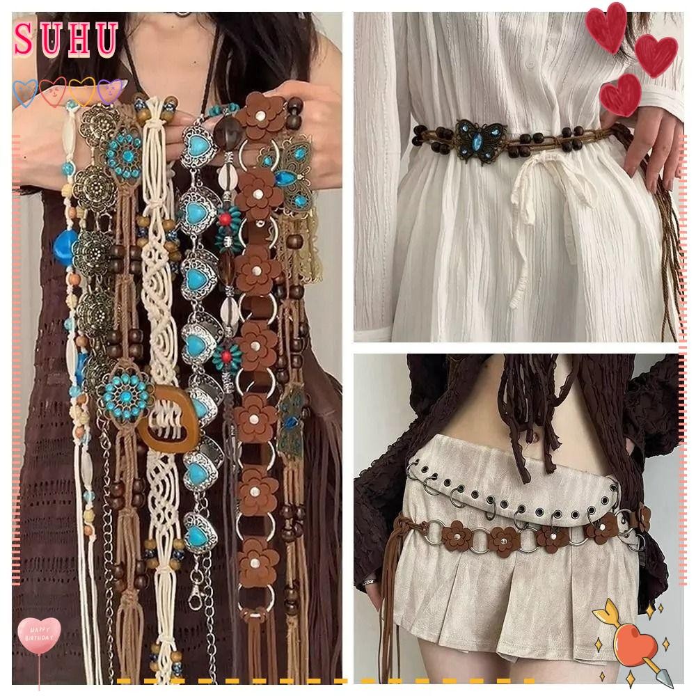 Suhu โซ่เอว, พู่ผีเสื้อ Y2K เข็มขัดโบฮีเมียน, ชุดตกแต่งอุปกรณ์ชายหาดฤดูร้อนอินเทรนด์ดอกไม้เข็มขัดโบฮีเมียน