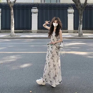 เดรสคอกลม สายเดี่ยว ลายผีเสื้อ สำหรับฤดูร้อน ดีไซน์ฝรั่งเศส