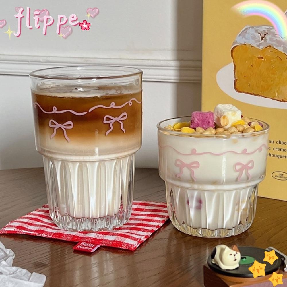 Flippe Ins Style Bow Glass, Bow Thicken Breakfast Cup, แก้วสีชมพูหนา