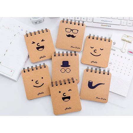S0050 สมุดโน๊ตขนาดเล็ก ชุดลายหนวด หน้ายิ้ม กระดาษคราฟท์ แบบห่วงบน จดบันทึก ขนาด 8.5*9.5 ซม.