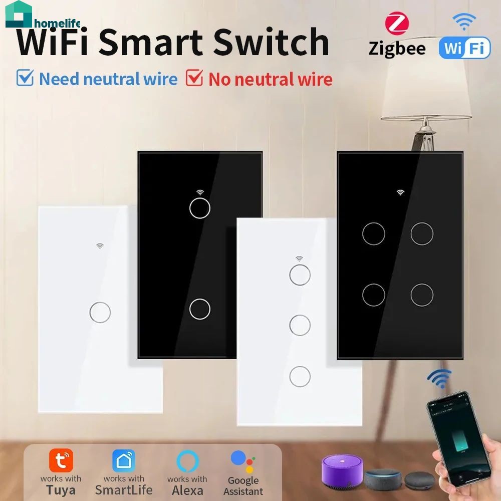 สวิตช์ไฟอัจฉริยะ Tuya Wifi สวิตช์สัมผัสติดผนังแบบสายกลางที่ต้องใช้ Smart Life ทำงานร่วมกับ Alexa Google Home 1/2/3/4 Gang สำหรับบ้าน