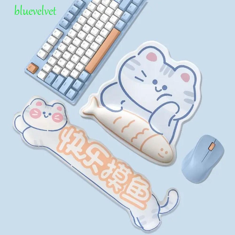 บลูเวลเวต แมว&ปลาแผ่นรองเมาส์,เหมาะกับการทํางานลื่นการ์ตูนแมวแป้นพิมพ์แผ่น,มือยามมือสนับสนุนข้อมือส่วนที่เหลือสบายป้องกันการลื่นไถลแผ่นรองเมาส์บ้าน