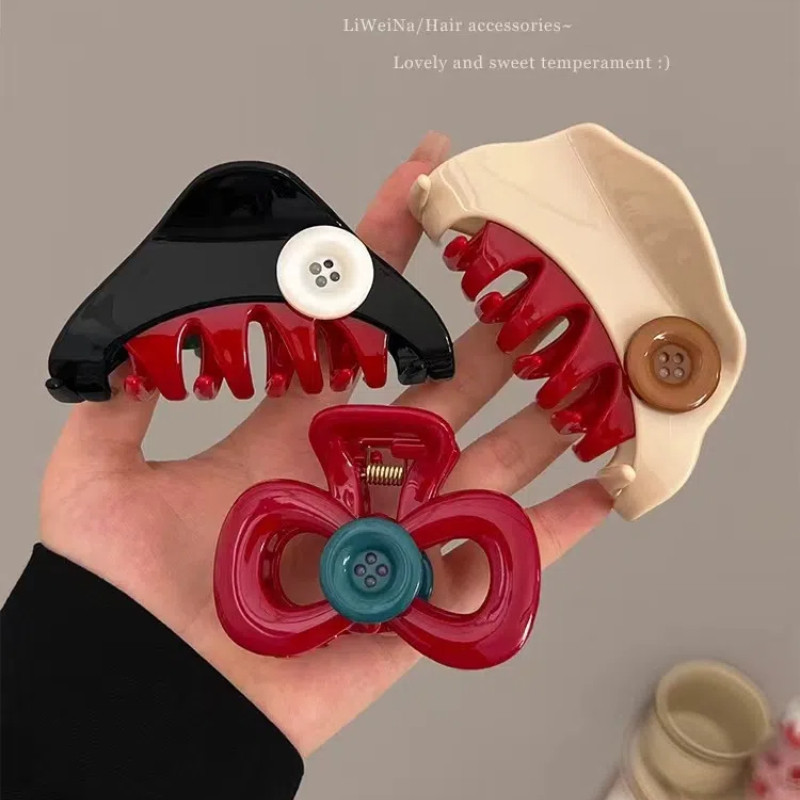 Retro Red Bow Button Clip High-grade Ins Girls Shark Clip