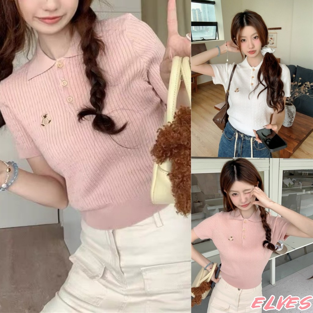 Elves พร้อม💟เสื้อครอปไหมพรมแขนสั้นน่ารักมาก คอปก ผ้าร้องปักลายหมี สีพาสเทล เสื้อแฟชั่น"72063"