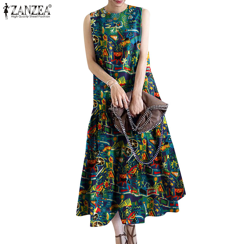 ZANZEA ซานเซีย ผู้หญิงเกาหลีลําลองรอบคอแขนกุดพิมพ์ชุดยาว