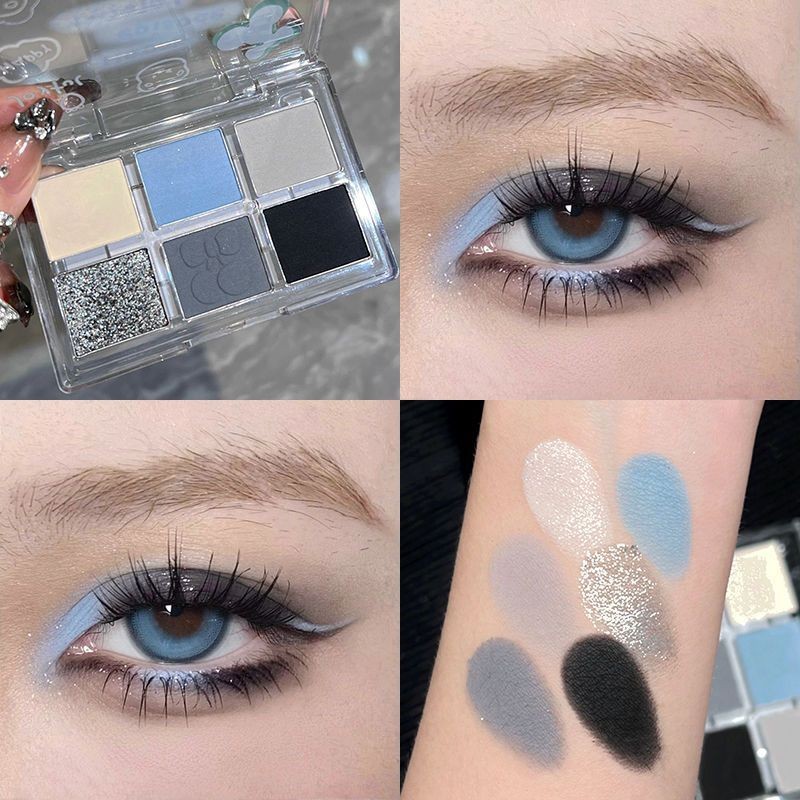 Smokey Matte Glitter Eyeshadow Palette 6 สี Shimmer Eye Shadow แต่งหน้า Palette Cool Toned สีเทา Blue Eye Pigment Palette