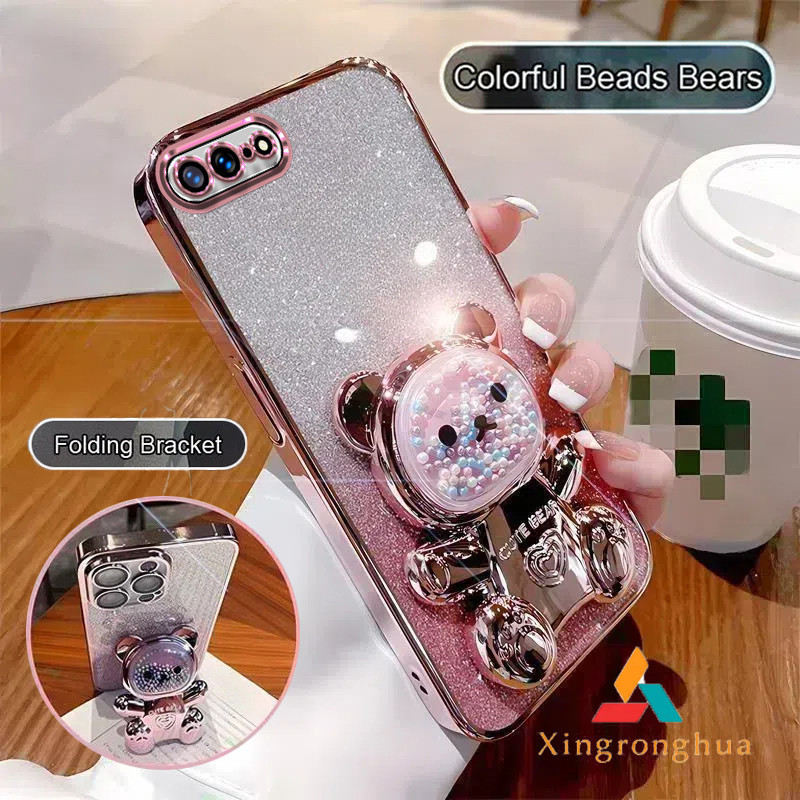 ปลอก iPhone 7 plus 8 plus 6 plus 6s plus 7 8 6 6s SE 2020 เคสโทรศัพท์ TPU 3D สีสันลูกปัดหมีขาตั้งสเตอริโอซิลิโคนยืดหยุ่นหรูหรา electroplated soft case