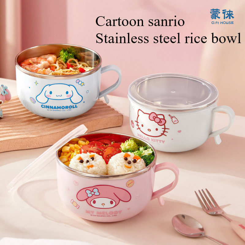 800ml Sanrio Ramen Bowl Hello Kitty Cinnamoroll 304 สแตนเลสพร้อมฝาปิด Anti Scalding ความจุสูงชามข้าวน่ารักการ์ตูนห้องครัวบนโต๊ะอาหาร