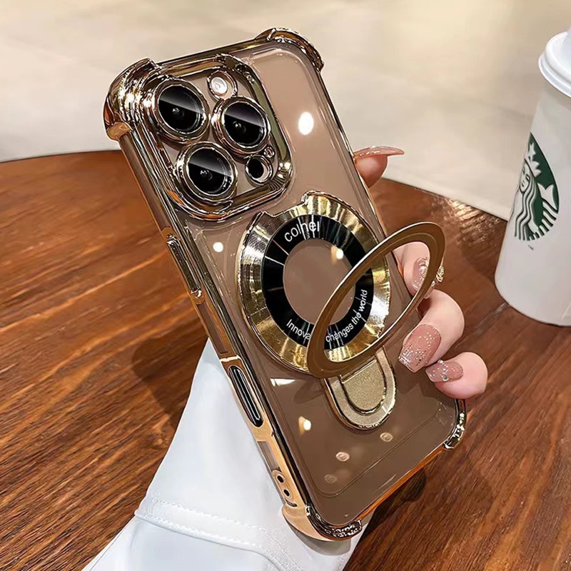 หรูหราแหวนยึดชุบแม่เหล็กกรณีโทรศัพท์ สําหรับ iPhone 16 15 14 13 12 11 Pro Max 16 Plus กล้องป้องกันโปร่งใสถุงลมนิรภัยกันกระแทกอะคริลิปกแข็ง