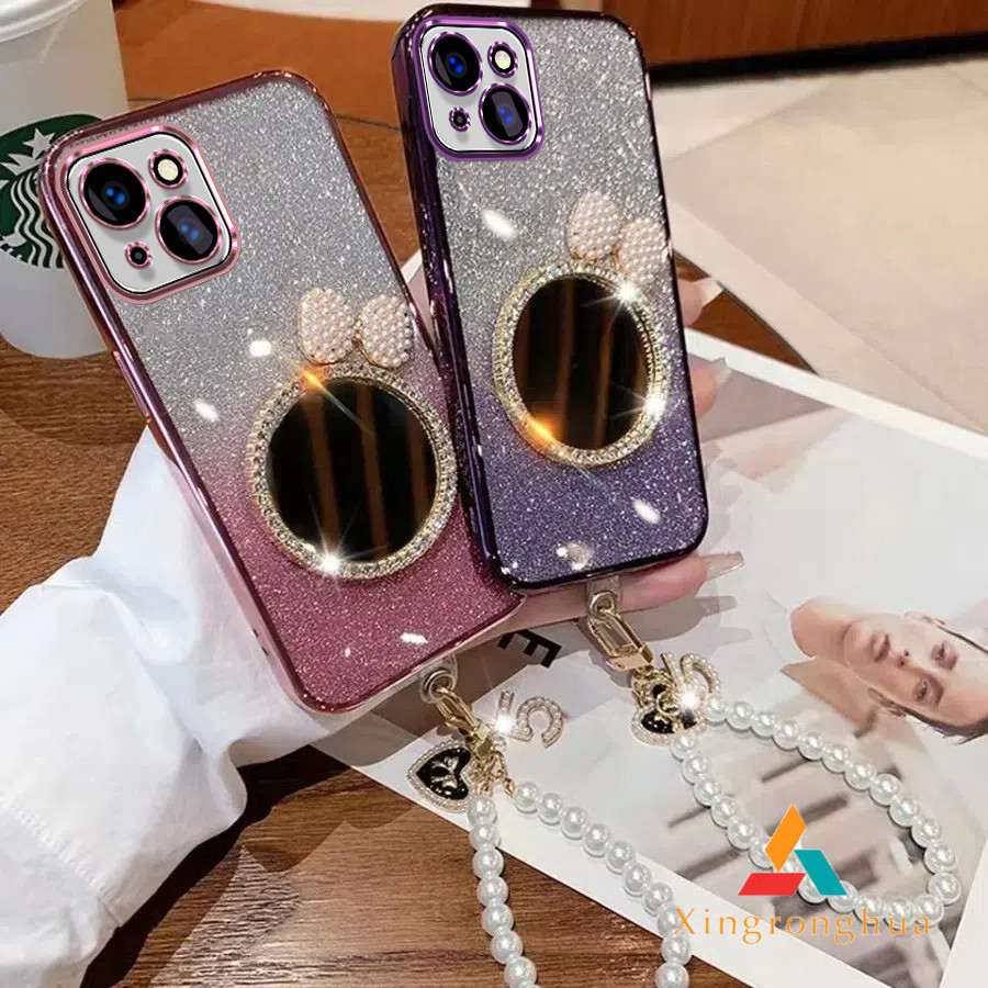ปลอก iPhone 13 iPhone 13 pro iPhone 13 pro max Case กระจกแต่งหน้าเครื่องสําอางหรูหรานุ่มพร้อมฝาครอบโทรศัพท์เชือกเส้นเล็ก