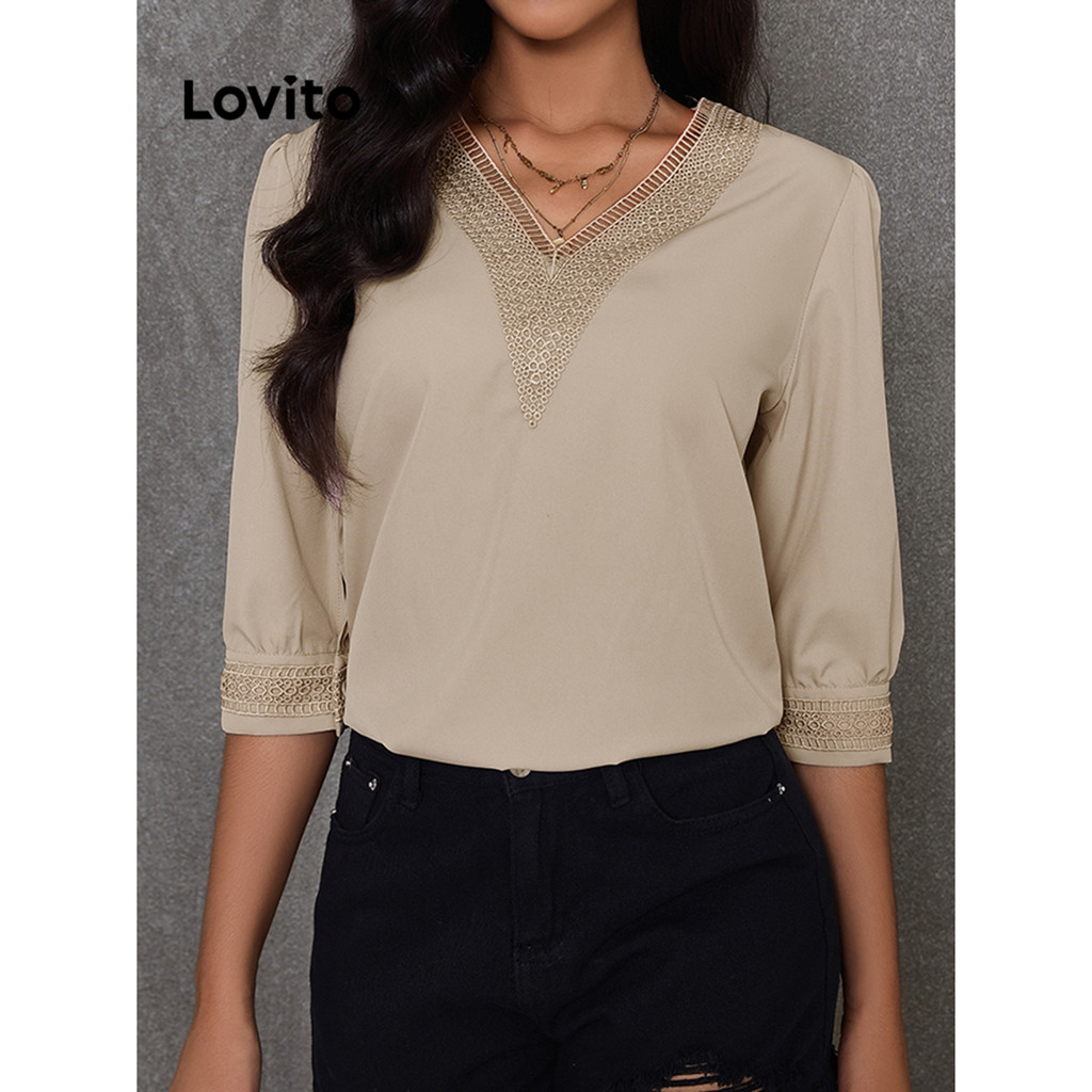 Lovito เสื้อหรูหราเสื้อเย็บผ้าคอระบายธรรมดาสําหรับผู้หญิง LBL16215