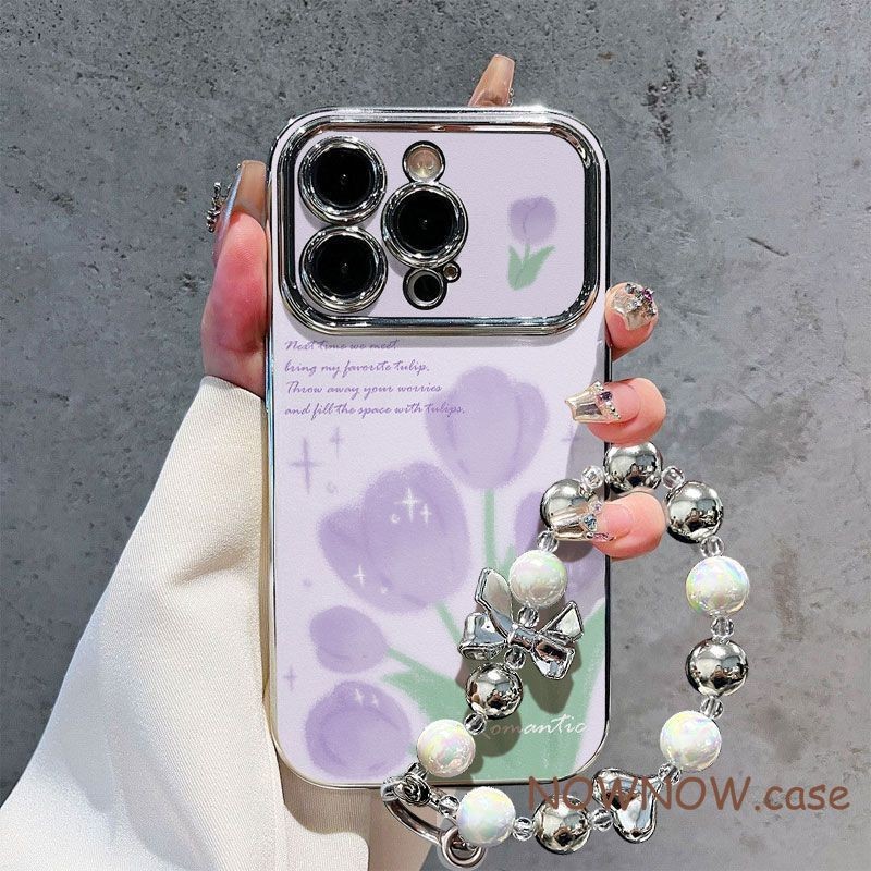 สําหรับ ไอโฟน 16 15 14 13 12 11 มือโปร สูงสุด X เอ็กซ์อาร์ สูงสุด 7 8 บวก อิน ชุบเงินหน้าต่างขนาดใหญ่สาวสีม่วงดอกทิวลิปดอกไม้กรณีโทรศัพท์สร้อยข้อมือเงินแขวนเชือ