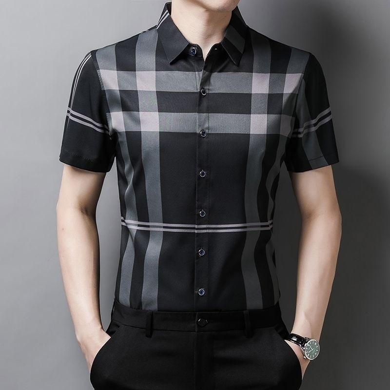เสื้อเชิ้ตแขนสั้นผู้ชายผ้าไหมน้ําแข็งสไตล์ใหม่ผู้ชายธุรกิจเสื้อเชิ้ตลําลองผู้ชาย