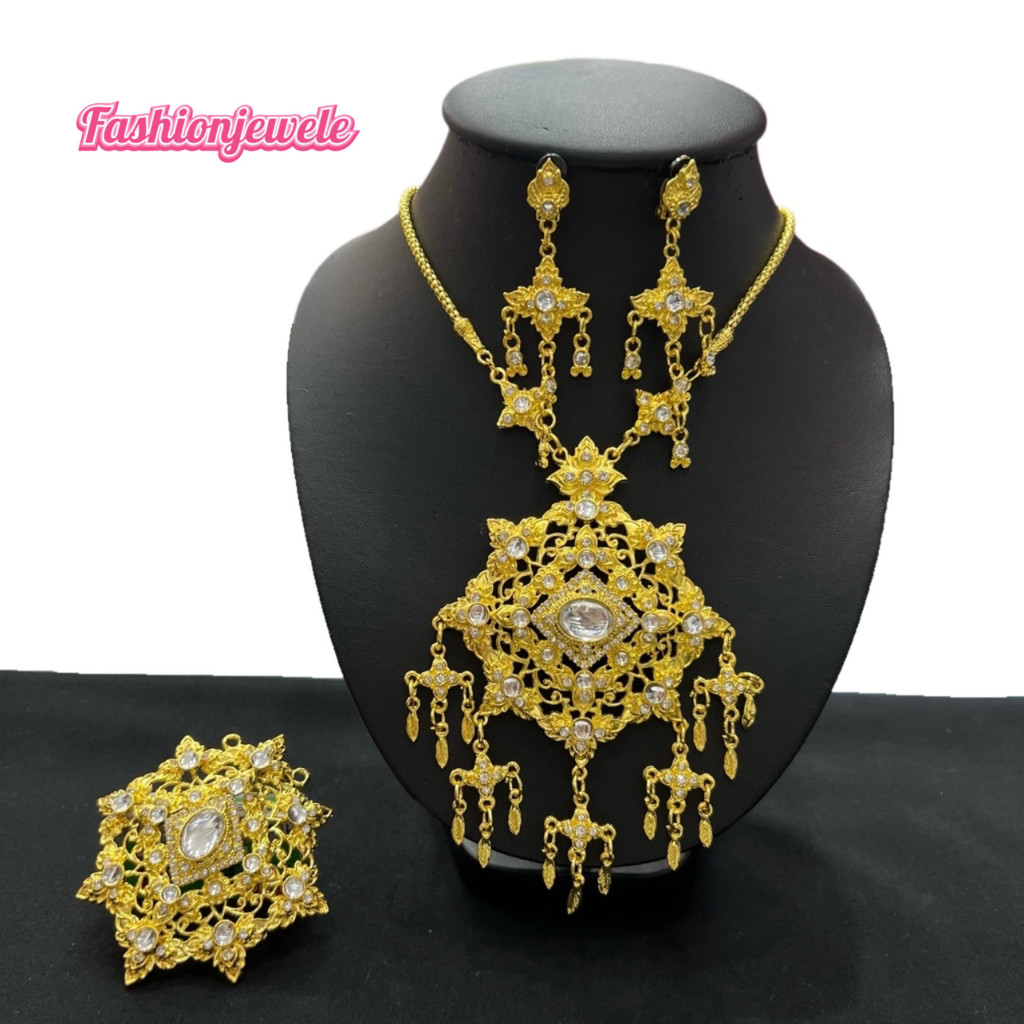 Fashion jewele สร้อยคอเครื่องประดับชุดไทย สีทอง พิ้งโกล เงิน ต่างหูหนีบ หัวเข็มขัด พร้อมส่งในไทย