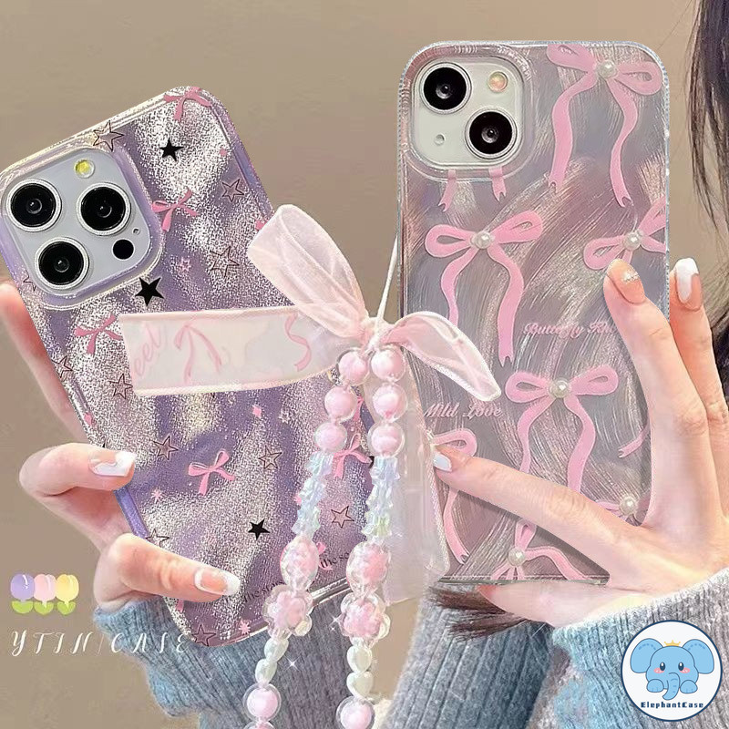 หวานโบว์สีชมพูสร้อยข้อมือ เข้ากันได้เคสไอโฟน 16 11 14 15 13 12 Pro Max 16 15 7 8 14 Plus XS XR X MAX SE 2020 ดาว เคส