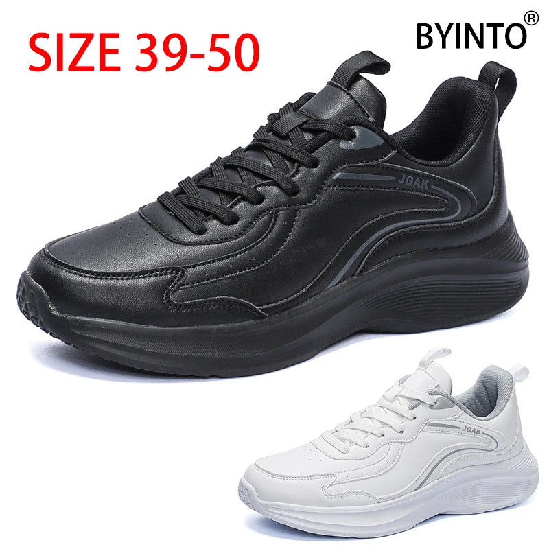 ขนาดใหญ่ 39-50 สไตล์คลาสสิกหนังกันน้ําผู้ชายรองเท้าวิ่ง Ultra-Light Shock Sole ชายรองเท้าผ้าใบ Anti-skid Damping Man กีฬารองเท้า Jogging กรีฑา Trainers สีดําสีขาว