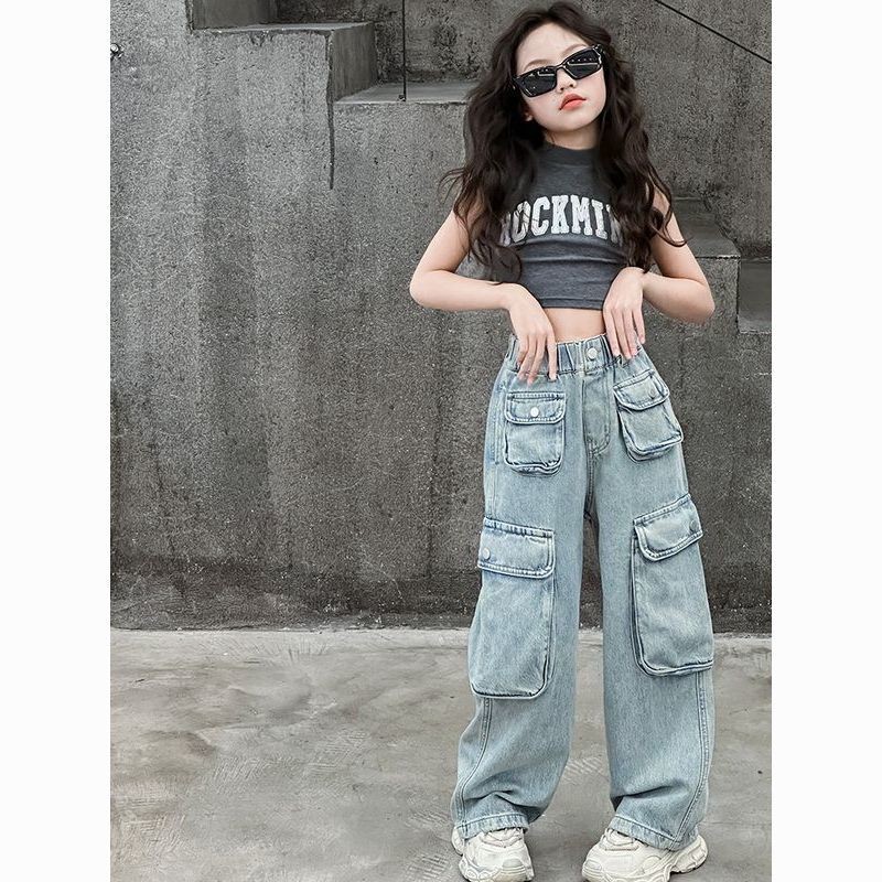 สาวกางเกงยีนส์กระเป๋าใหญ่ฤดูใบไม้ผลิฤดูใบไม้ร่วงเสื้อผ้าสไตล์ใหม่สาวหลวมหลวมเด็กแฟชั่นทุกการแข่งขันอินเทรนด์