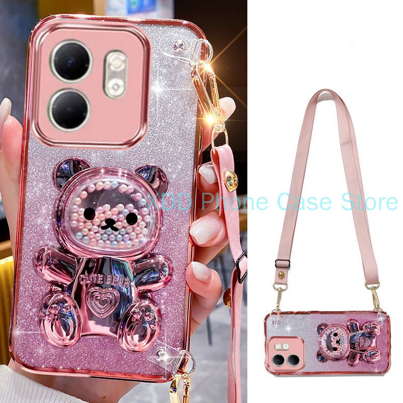 ปลอก infinix Smart 9 Hot 50 4G Hot 50i 4G 5G Zero 40 Tecno Spark GO 2024 BG6 กรณีElectroplating โปร่งใส Glitter 3D Quicksand Bear Bracket เคสโทรศัพท์พร้อมCrossbody Lanyard