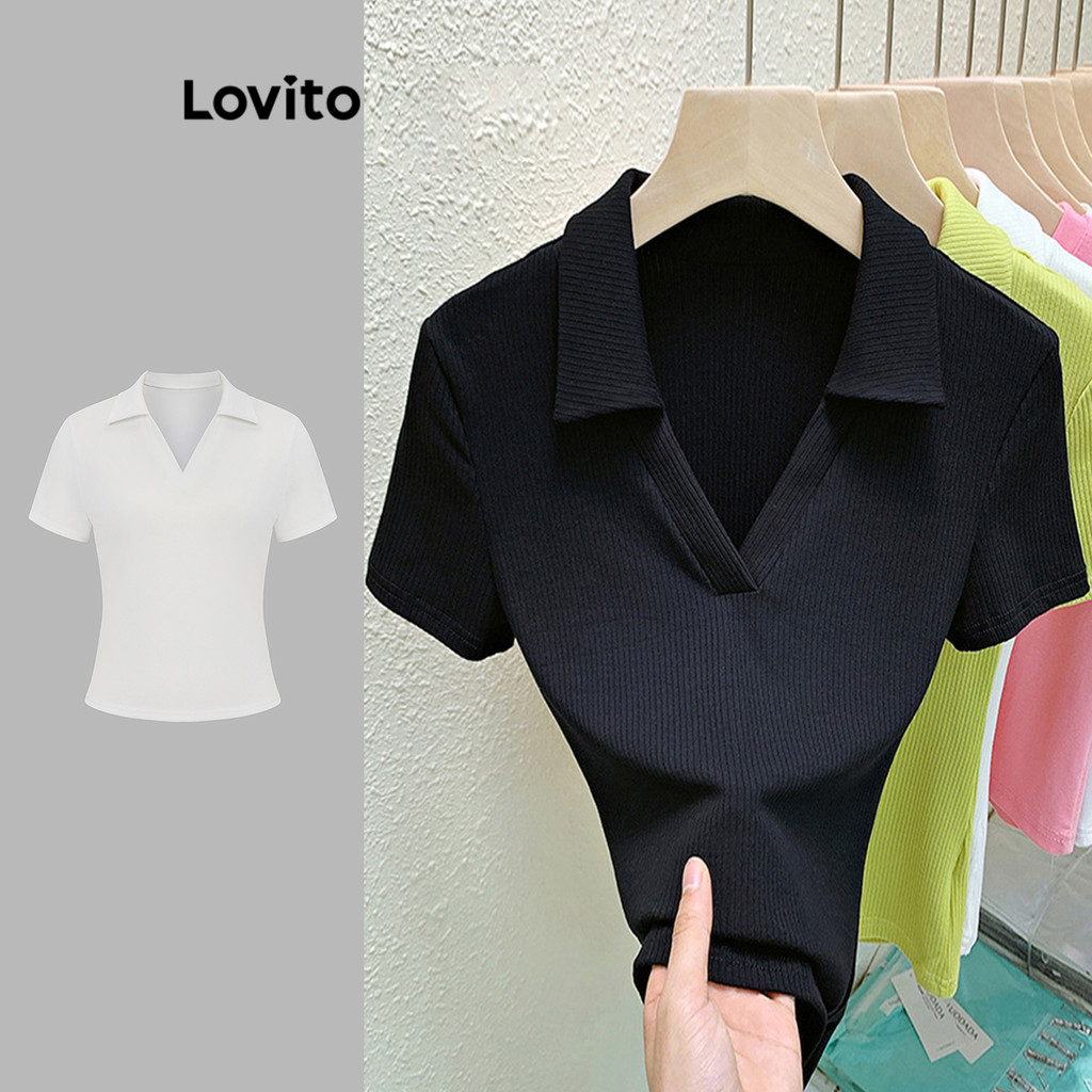 Lovito เสื้อยืด คอวี โปโล แขนสั้น สีพื้น สไตล์ลำลอง สำหรับผู้หญิง LNE02179 (หลากสี)