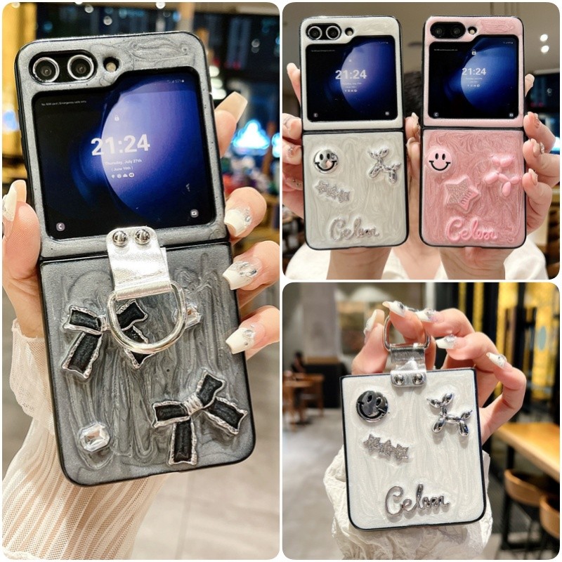 น่ารัก 3D สุนัข Bowknot แหวนหัวเข็มขัด Hard Case Samsung Galaxy Z Flip 6 Z Flip 5 Z Flip 4 Z Flip 3 ปลอกกันกระแทก Samsung Flip6 Flip5 ฝาหลัง