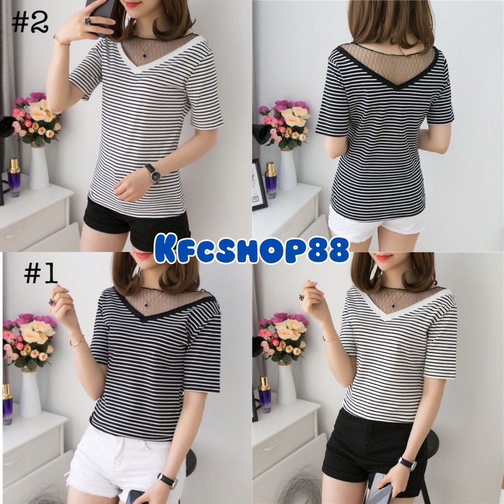 🔷พร้อมส่ง🔷 เสื้อแฟชั่นคอวี ดีเทลตาข่ายที่คอ ผ้านิ่ม ใส่สบาย #Z99