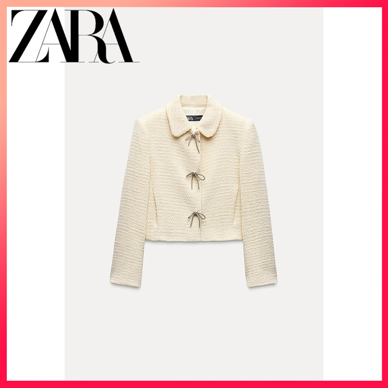 ZARA ซาร่า สินค้าใหม่เสื้อผ้าสตรีปุ่มโบว์ตกแต่งแจ็คเก็ตปกแขนยาว