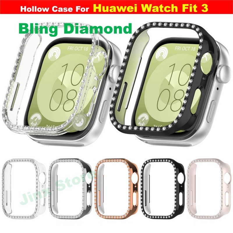 Bling PC Hollow สําหรับ Huawei Watch Fit 3 Samrt สายนาฬิกาเพชรคริสตัลกันชนฝาครอบป้องกัน Huawei Fit3