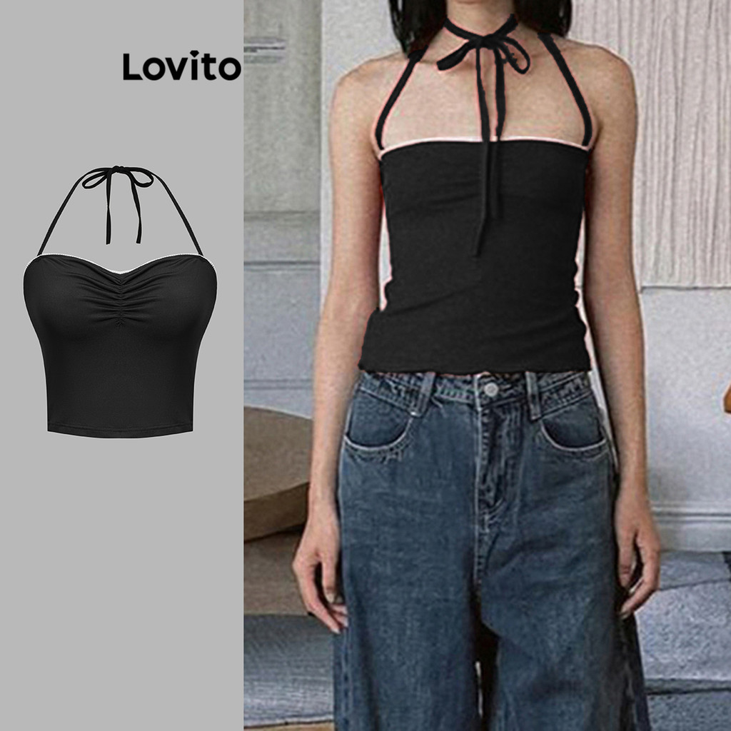 Lovito เสื้อกล้ามเย็บด้านหน้าเซ็กซี่ธรรมดาผูกผ้าด้านหน้าสำหรับผู้หญิง L106AD381