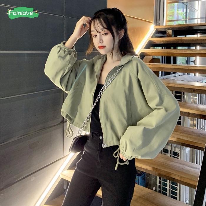 เสื้อโค้ทสตรีฤดูใบไม้ร่วงและฤดูหนาวสีทึบบางแฟชั่นซิปแขนยาวเสื้อหลวมสั้น