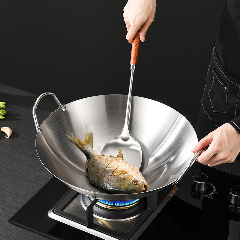 กระทะสแตนเลสเกรดอาหาร กระทะหูคู่หนาในครัวเรือน กระทะก้นกลม ไม่เคลือบ 30ซม.-50ซม. หม้อพิเศษสำหรับโรงอาหารในครัวของโรงแรม - รูปที่ 2