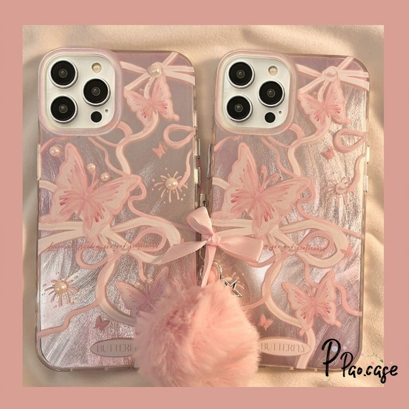 ผีเสื้อแฟชั่นเข้ากันได้เคสไอโฟน 16 11 13 15 14 12 Pro Max XR 7 8 Plus 16 14 11 12 Pro XS MAX X SE 2020 โบว์สีชมพูหวานเคส