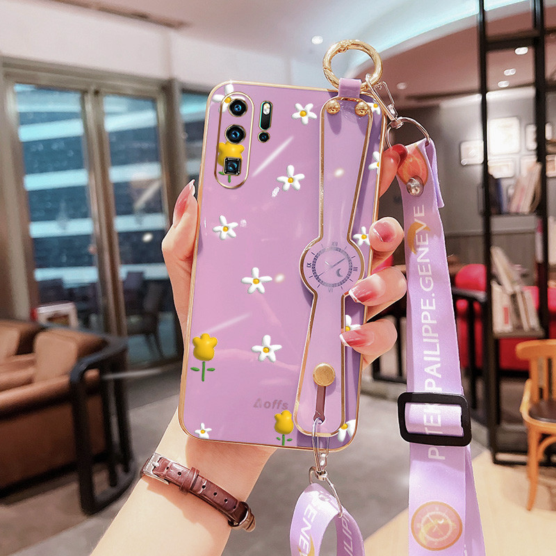 Mini ดอกไม้เคสโทรศัพท์สําหรับ Huawei P20 P30 P40 P50 P60 Pro P20 P30 Lite Nova 3e 4e ปลอกสายรัดข้อมือวงเล็บ Anti Drop กรณีเชือกสายยาว