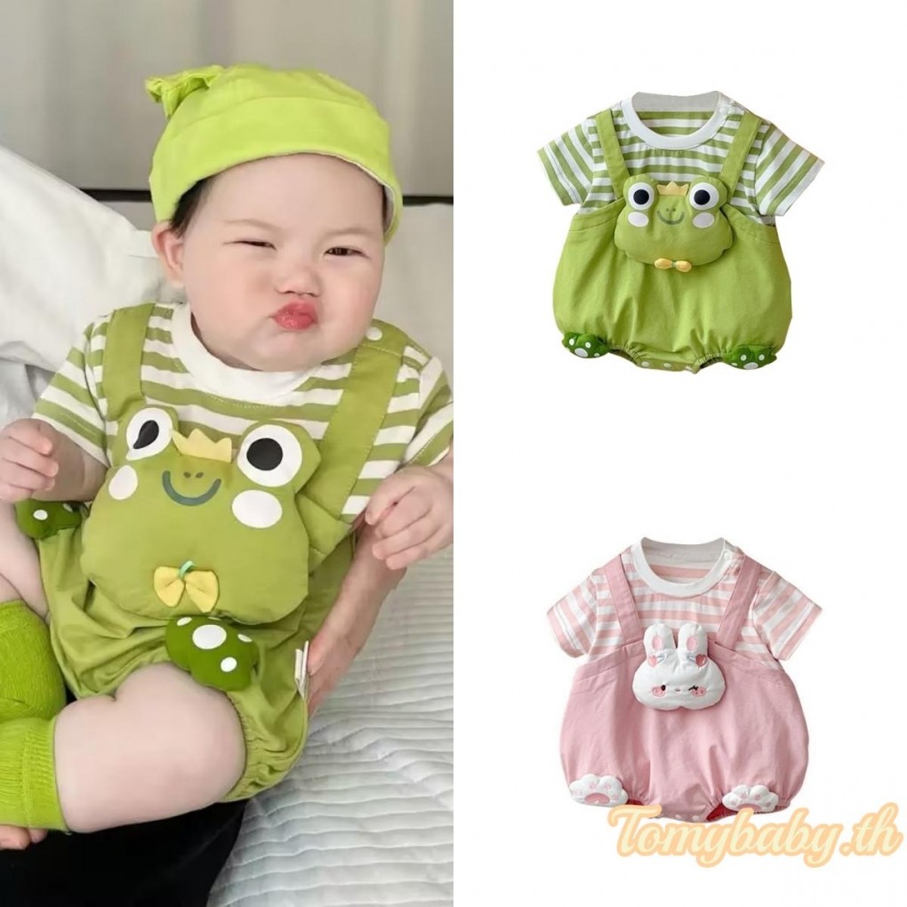 Tomybaby-ชุดรอมเปอร์เด็กการ์ตูนกบ/กระต่ายลายแขนสั้นปลอมสองชิ้นjumpsuitsสําหรับเด็กผู้หญิง