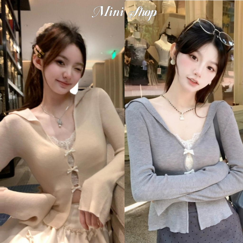 Mini shop พร้อมส่ง (M5256) เสื้อคลุมไหมพรม คอวีแขนยาว ผ้าร่องทรงรักตัว 2สี สวมใส่สบาย