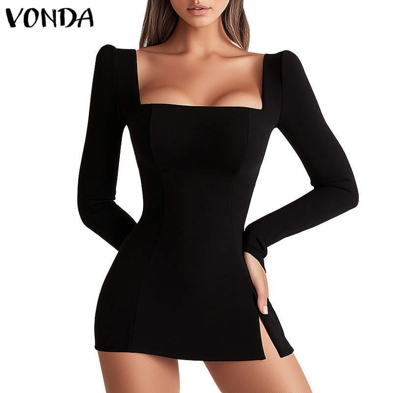 Vonda ชุดเดรสแขนยาวคอเหลี่ยมลําลองสําหรับผู้หญิงวินเทจ