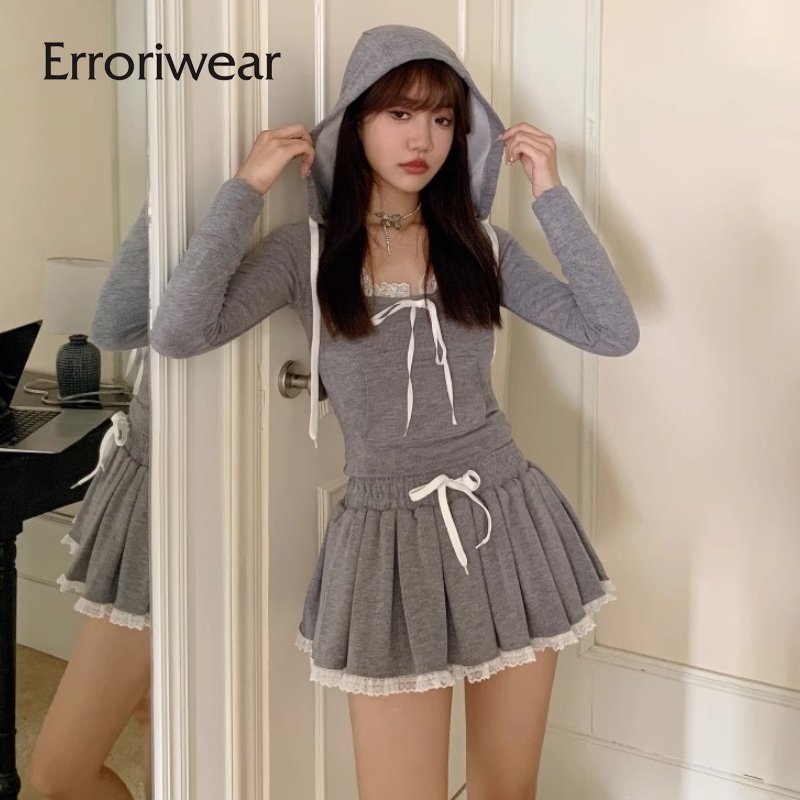 Errokiwear ผู้หญิงชุดลําลอง 2024 ลูกไม้ V คอยาวแขนยาว Pocketed Hoodies + เอวสูง A-line กระโปรงมินิ